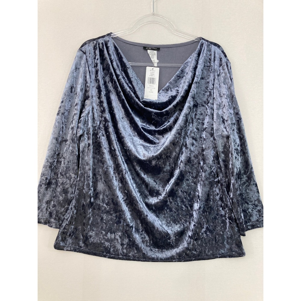 New S. Levine Cowl Neck Top XL Gunmetal Grey Crushed Velvet 3/4 Sleeve Blouse